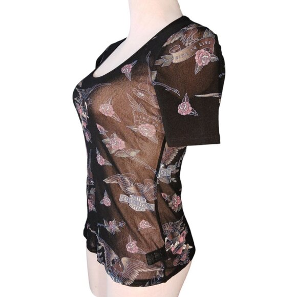 Harley Davidson Womens M Sheer Mesh Short Sleeve AOP Top Vintage Made In USA - Picture 4 of 12